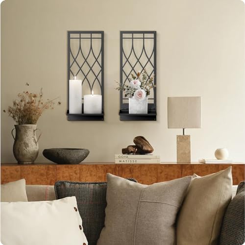 Wall Candle Holder, Black Metal Wall Art, Line Wall Candle Holder for Living Room, Dining Room, Bedroom, Bathroom (2 Pack, 16.5 x 7 in) - color: Black Elegant