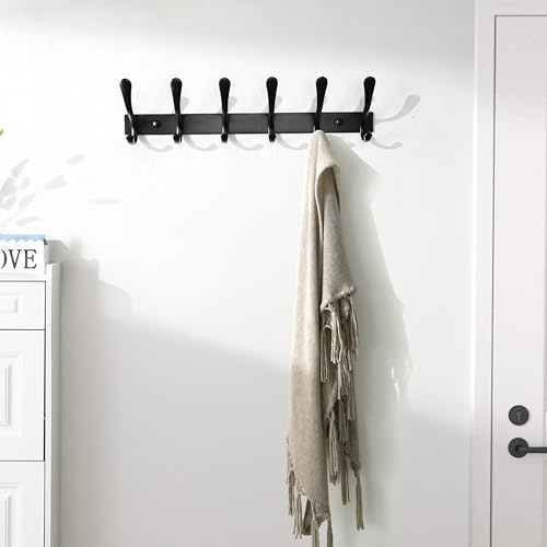 SKOLOO Heavy Duty Wall Mounted Coat Rack - 6 Hooks, Stainless Steel, Pack of 2, Sturdy Coat Hooks for Hanging Clothes, Jacket, Hat, Black - color: Black, size: 6 Hook(2 Pack)