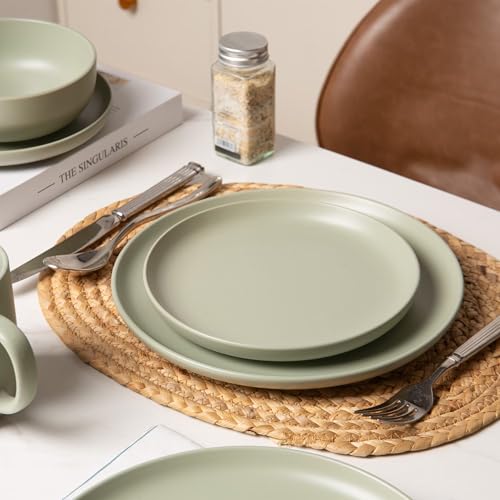 12-Piece Stoneware Dinnerware Set with Mugs | Microwave and Dishwasher Friendly | Stackable Matte Glaze Plates & Bowls | Service for 3 (Green for 3) - color: Green for 3