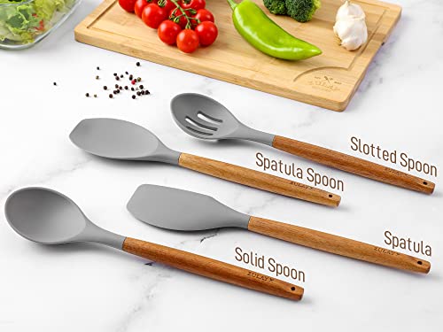 Zulay Kitchen 8 Piece Silicone Utensil Set | Non-Stick Silicone Cooking Utensils Set with Acacia Wood Handles - 464°F Heat Resistance Kitchen Utensils Set - Gray - color: Elegant Grey, size: 8-Piece Set