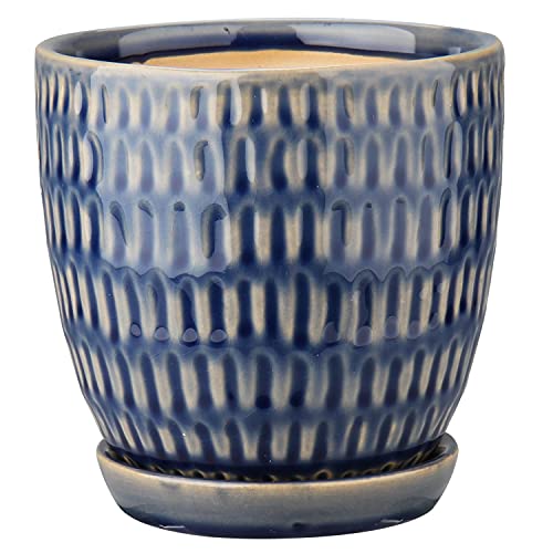 Oairse 4 inches Ceramic Planter Pots 3 Set of Small Round Flower Pots with Drainage Hole and Ceramic Tray for Succulents Cactus Indoor Outdoor Garden Home Windowsill - color: Blue
