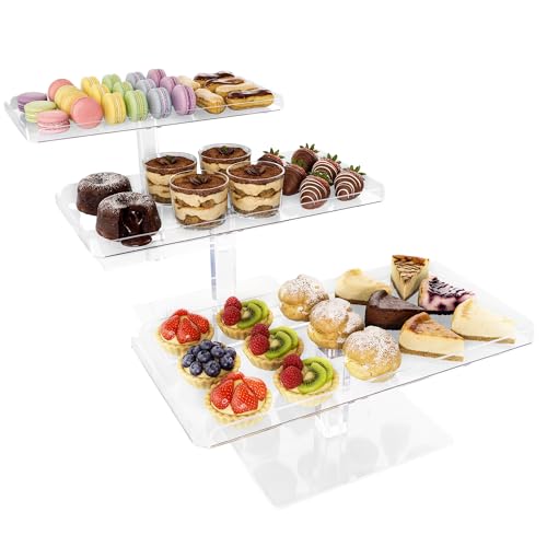 Jusalpha Set of 3 Acrylic Cupcake Stand, 3 Tiered Party Serving Tray, Clear Rectangular Dessert Display, Heavy Duty Construction (Rectangle-Bottom Disconnect)