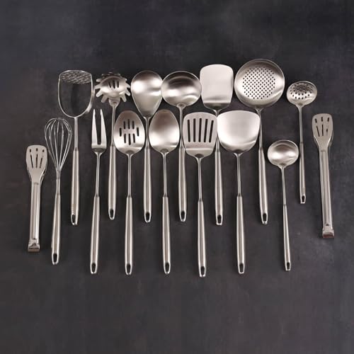 18/10 Stainless Steel Cooking Utensils Set - 16 PCS All Metal Utensils | Kitchen Tools - Whisk, Masher, Fork, Tong, Solid Slotted Spoon, Spatula, Turner, Ladle, Skimmer, Pasta, Small Large Spoon Set - color: 16-Pieces