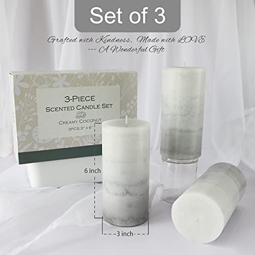 CRYSTAL CLUB White Pillar Candles, Aromatherapy Scented Candles, Set of 3 Tall 3x6 Inch Rustic Grey Candles, Clean Burning and Dripless Candle Lights, Creamy Coconut Scented for Home Décor | Aromatherapy Scented Candles, Clean Burning and Dripless Candle
