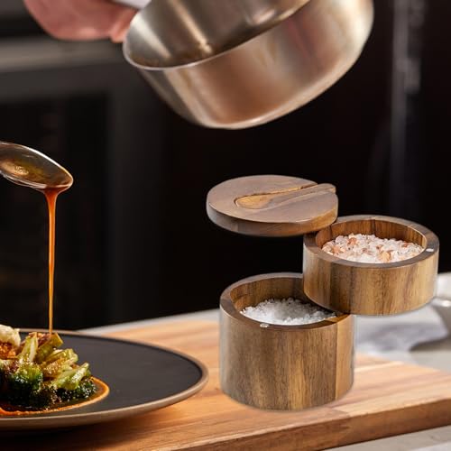 Salt Box with Swivel Lid & Spoon Double-Layer Wooden Salt Box with Lid Compact Stylish Cella with Magnetic Rotating for Spices & Seasonings
