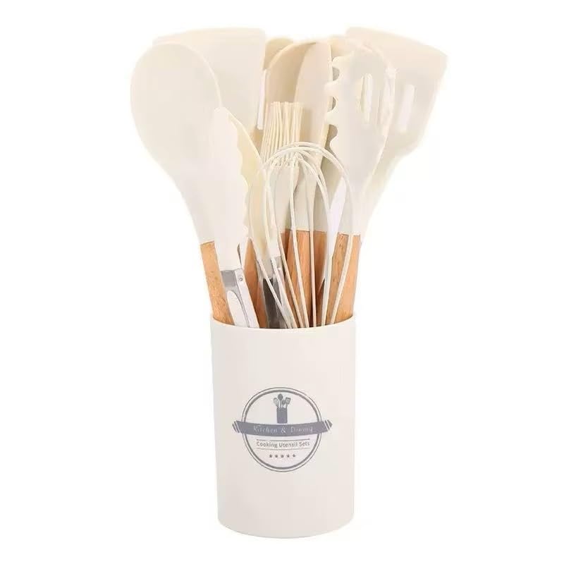 Silicone Cooking Utensils Kitchen Utensil Set - 446°F Heat Resistant Silicone Kitchen Utensils Set, Spatula,Turner Tongs, Spoon, Brush, Whisk,Kitchen Gadgets for Nonstick Cookware, BPA Free (White) - color: White
