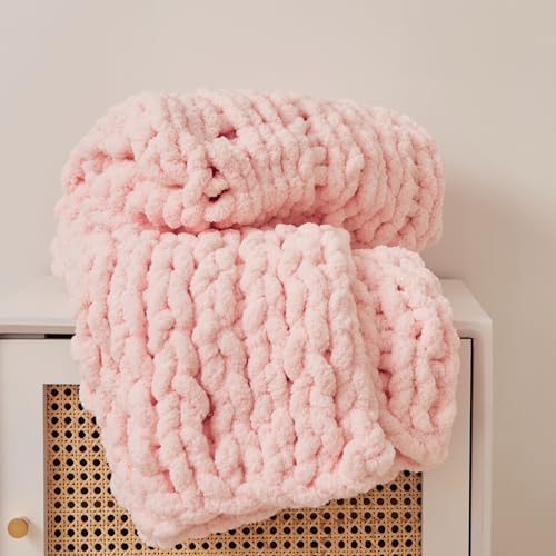 Chunky Knit Blanket Throw for Couch 40"×40" Pink | 100% Handmade Knitted Throw Blanket Fluffy Soft Blanket with Jumbo Chenille Yarn Thick - color: Pink, size: 40"*40"