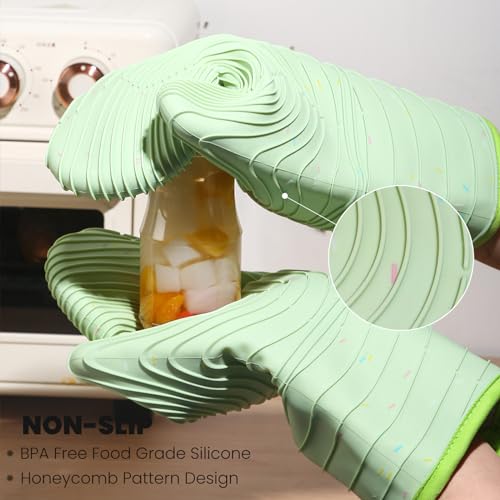4 Pieces Oven Mitts and Pot Holders of Macaron Color Thickened Non-Slip Silicone Kitchen Gloves, Heat Resistant up to 500F, Essential for Kitchen Baking(makal-lv) - color: Silicone-green