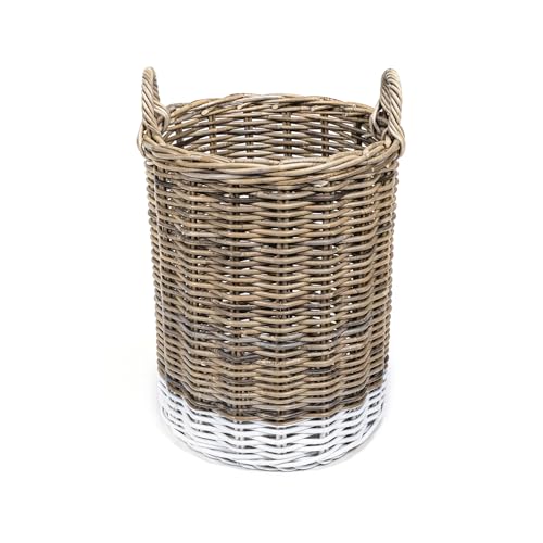 happimess Ternion 3-Piece Nesting Rattan Storage Baskets, Kubu Gray/White | Hand-Woven Wicker Containers With Handles, 27"H Two-Tone Cylindrical Bohemian Decor For Living Room Laundry Room Bedroom