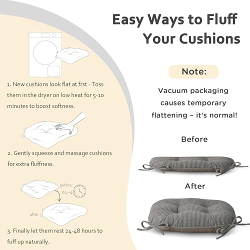 ELFJOY Dining Chair Cushions Set of 2 Non Slip 18"X18"X3" Light Grey | Thick,Textured Fabric, with Ties, Tufted, Large, for Kitchen, Dining Room, Indoor, Bedroom, Living Room, Office, Comfortable - color: Light Grey