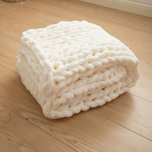 Chunky Knit Blanket Throw for Couch 40"×40" Cream | 100% Handmade Knitted Throw Blanket Fluffy Soft Blanket with Jumbo Chenille Yarn Thick - color: Cream, size: 40"*40"