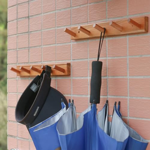 Natural Teak Wall-Mounted Coat Rack (Set of 2, 16'' Hole to Hole) - Farmhouse Entryway Hooks with 5 Wooden Hooks Each, Rustic for Bathroom, Mudroom 2P - color: Teak wood 1-2P
