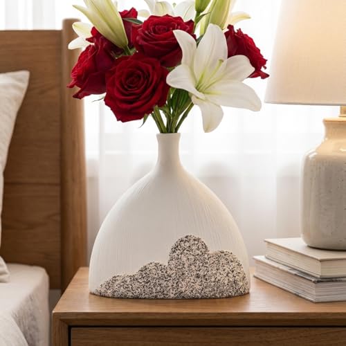 White Ceramic Vase, Speckled Bottom Bud Vase for Shelf Decor | Matte vase for shelf, table, entryway and bathroom styling