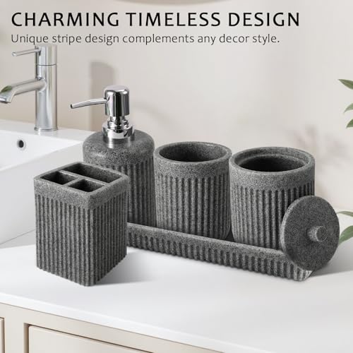 XLHOMO 8-Piece Grey Bathroom Sets with Shower Curtain and Rugs, Resin Bathroom Accessories Sets Complete with Soap Dispenser, Toothbrush Holder, Tumbler & Apothecary Jars Bathroom Essentials - color: Grey, size: Resin Bath Set Complete