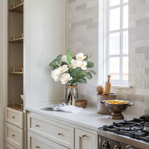 White Orchids Artificial Flowers with Vase Fake Flower in Vase Artificial Eucalyptus Stems in Glass Vases with Faux Water Faux Orchid with Eucalyptus Leaves Arrangement for Dining Table Centerpiece - color: White & Black Vase