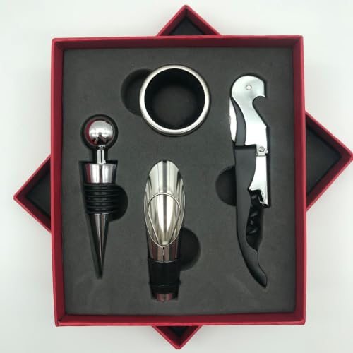 4 Pieces Wine Accessory Gift Set, Stainless Steel Wine Opener Kit with Pourer, Wine Stopper, Drip Ring, Wine Tools Box for Party Wedding Gift (Red) - color: Red