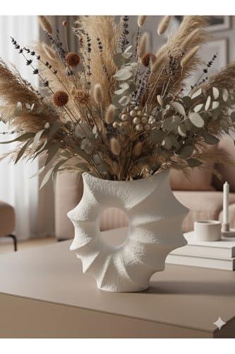 Contemporary Curved Donut Vase - Scandinavian Style Decorative Ring Vase for Modern Bohemian Home Decor - Refined White Ceramic Art Piece - Black,
