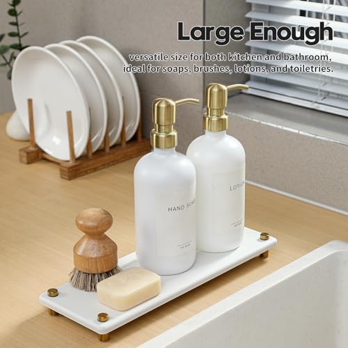 White Gold Dish Drying Rack Tray, Water Absorbing Stone Sink Caddy Kitchen Sink Organizer, Diatomite Bathroom Counter Faucet Mat Coaster, Soap Riser Dispenser Sponge Holder, White 12.5" x 4.5" - color: 12.5"x 4.5" - White - Gold