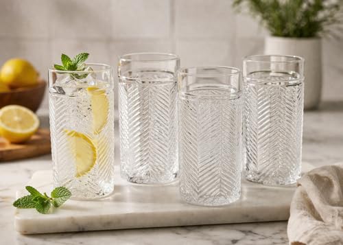 Highball Glasses Set of 4 Herringbone, 15.5 oz Tall Drinking Glasses, Elegant Textured Premium Glassware Tumblers for Water, Juice, Cocktails, Everyday use Vintage Style Beverage Glass Set