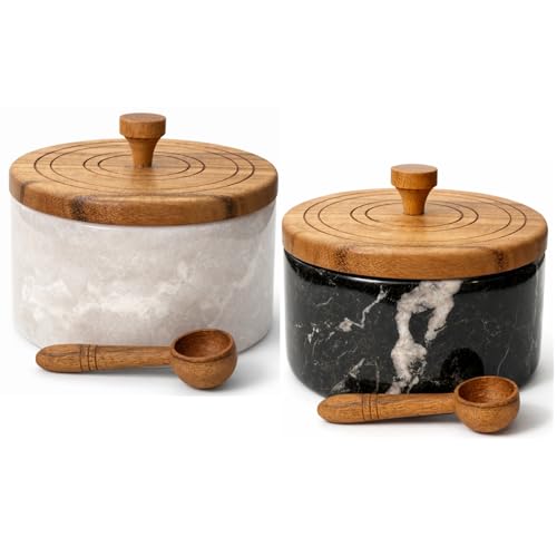 Marble salt and pepper containers with spoon, salt cellars with lid and spoons, salt and pepper holders, salt and pepper cellars, marble salt and pepper bowls with wooden lid - White/Black