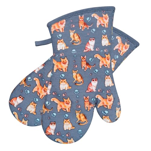 Oven Mitts 1 Pair, Non Slip Clear Silicone Printed Rooster Kitchen Gloves | Heat Resistant 480 ℉ Comfortable Cotton Lining Kitchen Men Cooking Barbecue Machine Washable (Cat, Grey mitts) - color: Cat, Blue Mitts