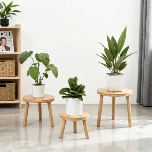 Wood Plant Stands 3-Pack Indoor, Plant Stool, Light Brown | Premium carbonized pine with moisture-resistant, burr-free finish, Snap together in 60 seconds, no tools needed - color: Light Brown, size: 3-Pack