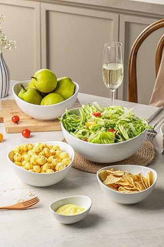 Porcelain Serving Bowls set for Entertaining, 3-11-20-32-50 Ounce, Scratch Resistant, 5 Piece Serving Bowl Set, Prep Salad Bowls for Christmas Thanksgiving, Dishwasher Safe, Pure White