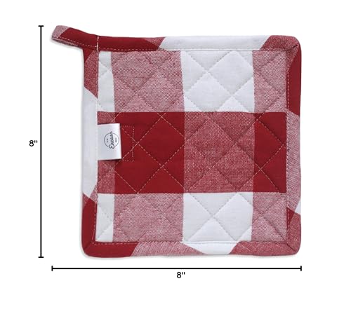 Encasa XO Pot Holders, Quilted Kitchen Hot Pads 8"x8" Buffalo Red Checks | 100% Eco-Friendly Cotton | Thick Cotton Padding Insulation | Convenient Hanging Loop | Set of 2 - color: Buffalo Red Checks