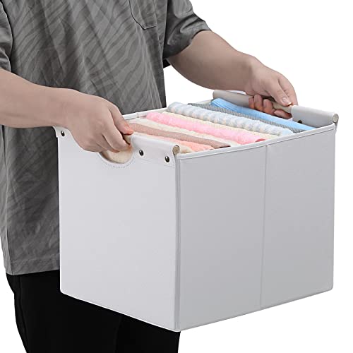 HOONEX Large Collapsible Storage Bins, Linen Fabric, Pack of 2, Storage Baskets with Wooden Carry Handles and Sturdy Heavy Cardboard, for Home, Office, Car, Nursery, White - color: White