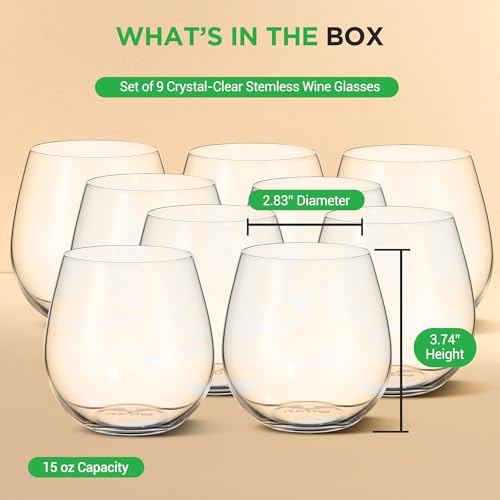 NutriChef 15 Ounce Stemless Wine Glasses (Set of 12), Ultra Thin Wine Glass For Red or White Wine Lead-Free, Dishwasher Safe & Hand Blown Seamless Bowl - Clear - style: Clear