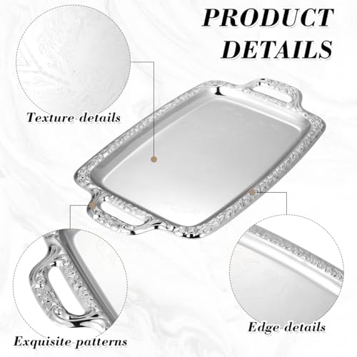 Metal Serving Tray, Silver Large Rectangular Antique Serving Platter, European Retro Style Tray for Cookies, Charcuterie, Snacks, Desserts, Fruit, Party Food (39. 00x23. 00x1. 70cm)