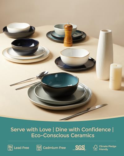 Ceramic Dinnerware Sets for 4, 16pcs Plates and Bowls Sets Dish Set | Stoneware Dishware sets, Microwave & Dishwasher Safe, Cereal Bowls and Dinner Plates Set, Stackable Dishes Set, Green Black - color: Green Black, size: Set (16pcs)