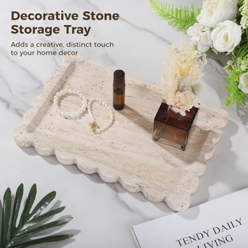 Natural Travertine Rectangle Vanity Tray, Natural Stone Tray with Scalloped Edge, Decorative Irregular Shape for Bathroom Countertop, Jewelry, Cosmetics, Candles, Lotion, Perfume, 12 x 8 in
