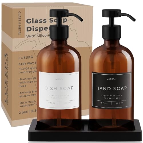 Glass Soap Dispenser Set of 2 (Amber) with Silicone Tray | Hand and Dish Soap Dispenser for Kitchen and Bathroom | 16.8 Oz Glass Bottles with Stainless Steel Pump & 15 Waterproof Labels (Amber/Black) - color: Amber/Black