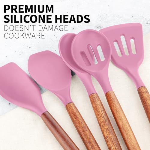 Zulay Kitchen 5 Piece Silicone Utensil Set | Non-Stick Silicone Cooking Utensils Set with Acacia Wood Handles - 464°F Heat Resistance Kitchen Utensils Set - Pink - color: Pink, size: 5-Piece Set