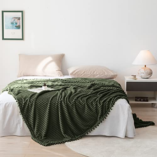 DISSA Fleece Blanket Twin Size – 60x80, Olive Green – Soft, Plush, Fluffy, Fuzzy, Warm, Cozy – Perfect Throw for Couch, Bed, Sofa - with Pompom Fringe - Flannel Blanket Throw Blanket - color: Olive Green, size: 60x80"