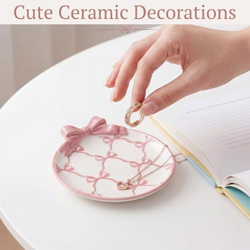 Pink Bow Ceramic Jewelry Tray Coquette Ring Holder Trinket Dish for Rings Earrings Necklaces Cute Bow Decorative Organizer Tray for Dresser Vanity Gift for Women