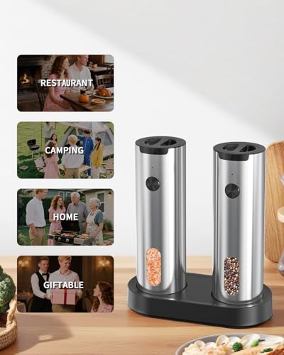 CIRCLE JOY Electric Salt and Pepper Grinder Set, Stainless Steel Rechargeable Pepper Mill Set with Charging Base, 110ML Top-Fill, Adjustable Coarseness, LED Light, One-Hand Operation, Gift Idea - color: Silver