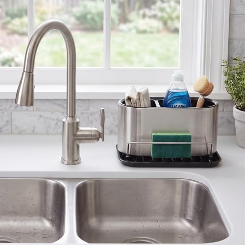 Stainless Steel Sink Caddy Sponge Holder | Kitchen Counter Organizer, Tidy Drains Water Design, Dish Brush Holder