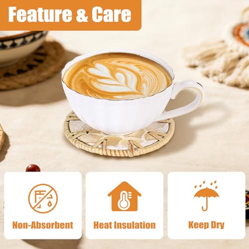 Coastal Coasters Set of 6, Boho Coaster Set with Holder - Cup Mat for Coffee Table, Boho Coaster Home Décor Accents, Heat Insulation, Rattan & Mother of Pearl Coasters, 4 Inch(Fish Scale) - style: Fish Scale