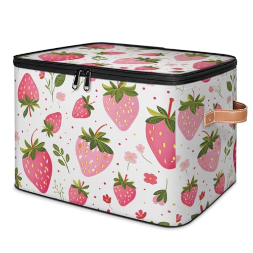 Storage Bin with Lid, Strawberry Stackable Closet Storage Bins, Decorative Bedroom Organizer Box, Lidded Baskets Living Room Storages Boxes Cube Organizer, Cute Container with Handles