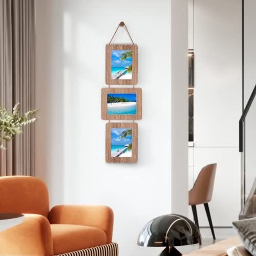 5x7 Collage Picture Frame, 3 Opening, Rustic Wood, Weathered Brown | Wall-Mounted Hanging Design, Displays 4x6 Photos with Mat or 5x7 Photos Without Mat, Three-Opening Layout - color: Weathered Brown, size: 3 Opening