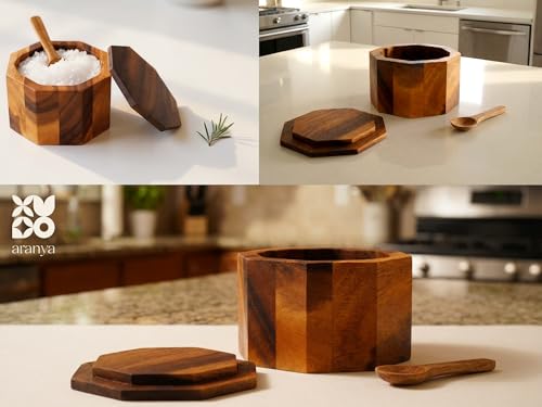 ARANYA Wooden Pepper and Salt Cellar with Lid and Spoon Set Keeper Two Compartments Spice Seasoning Wood 7oz. Container for Countertop Kitchen Storage Sea Salt Box Holder with Anti-Slip Feet Slip