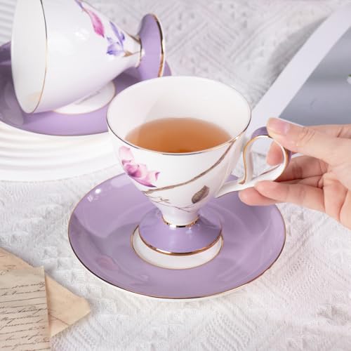 KAMMAK Ceramic Coffee Cups Saucers Set of 2, Porcelain Espresso Cups with Saucers, 8.12 oz Handcrafted Elegant Bone China Tea Cups, Purple Hibiscus & Iris Flower Pattern Teacup for Party, Office, Gift - color: Strolling in the Flower Garden (Hibiscus + Ir
