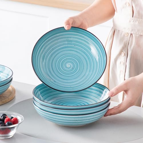 vancasso Bonbon Pasta Bowls Set of 6, 38 Oz Ceramic Salad Bowls, Wide and Shallow Bowls Set, Large Serving Bowls for Kitchen, Blue - color: Blue, size: 38 Oz