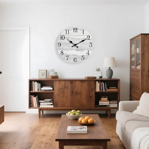 KECYET 16 Inch Wall Clock Battery Operated Gray White Silent Farmhouse | Round analog clock; large easy-read dial for bathroom, kitchen, bedroom & living room; 1 AA battery (not included) - color: Light Gray, size: 16"