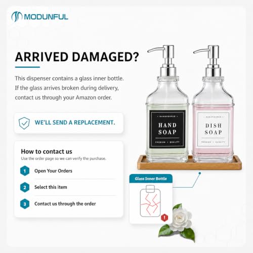 Clear Glass Soap Dispenser Set: Modunful 2 Pack 16.9oz Countertop Soap Dispenser with Bamboo Tray, Silicone Funnel & 60 Waterproof Stickers - for Kitchen Bathroom - color: Dm2647-silver