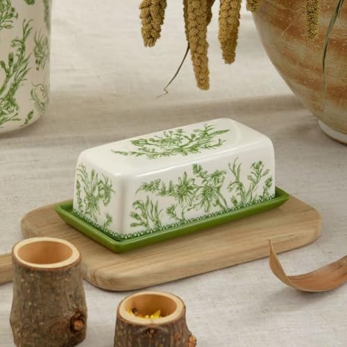 Bico Green Garden Toile De Jouy Ceramic Butter Dish with Lid, Wide Butter Keeper for Counter, Kitchen Countertop, Microwave and Dishwasher Safe - color: Green Garden Toile De Jouy