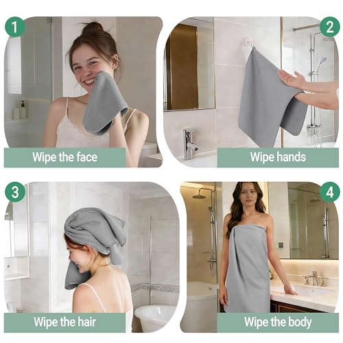 MICROFI Waffle Weave Bath Towel Set, Microfiber, 4 Pieces (Body/Hair/Hand/Face), Quick Dry, Lightweight, Super Absorbent, Lint Free, 380 GSM (Silver) - color: Silver