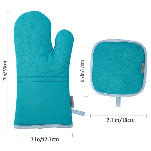 4Pcs Oven Mitts and Pot Holders Set, 572F Heat Resistant Oven Glove, Soft Cotton Lining with Non-Slip Surface for Kitchen Baking BBQ (Turquoise) - color: Turquoise